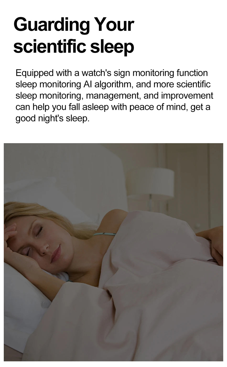 Woman sleeping in bed with a text overlay about Raezure Echelon sleep monitoring technology.