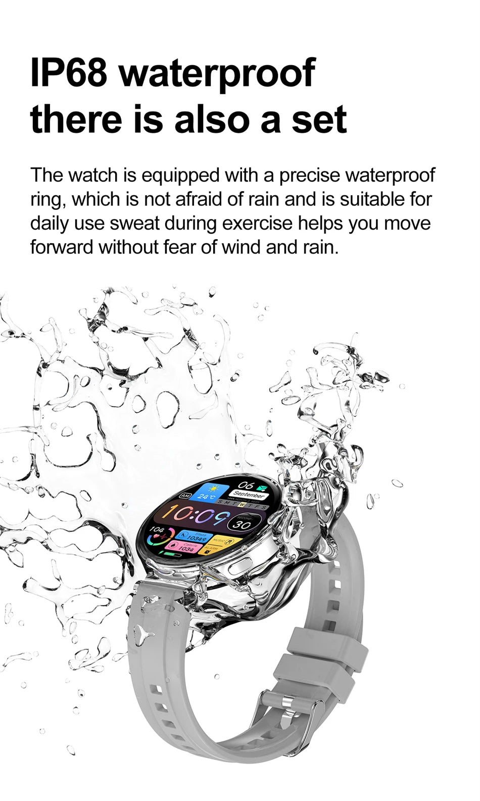 Raezure Echelon Smartwatch with water splashes around it on a white background, emphasizing its waterproof feature.