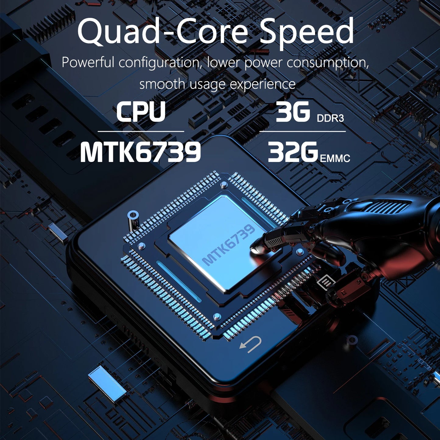 Black Raezure Elanthra smartwatch showcasing quad-core MTK processor and futuristic digital circuit background