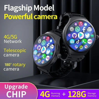“Raezure Echelon flagship smartwatch with a high-resolution screen displaying various app icons. Features highlighted: 4G/5G network compatibility, telescopic camera, 180° rotary camera, upgraded chip, 4GB RAM, and 128GB storage.”