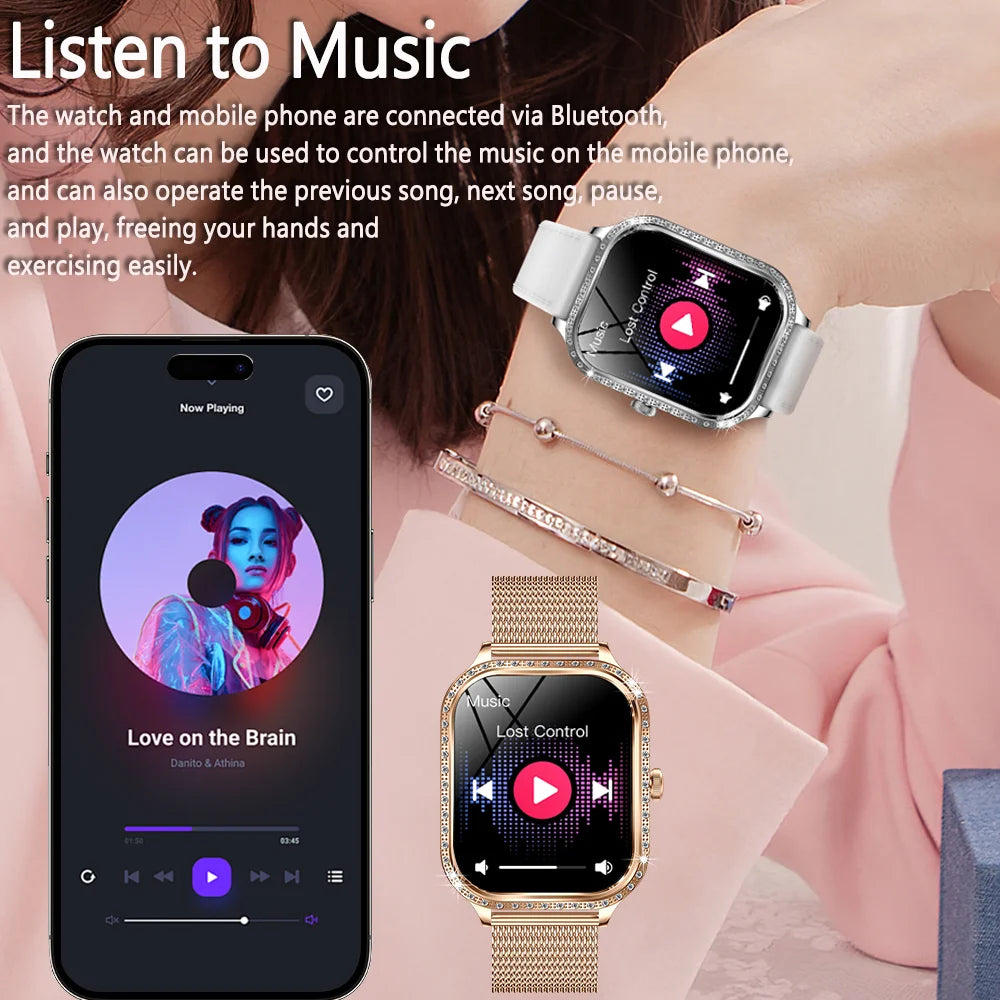 Smartwatch and smartphone displaying music control interface with text about Bluetooth connectivity.